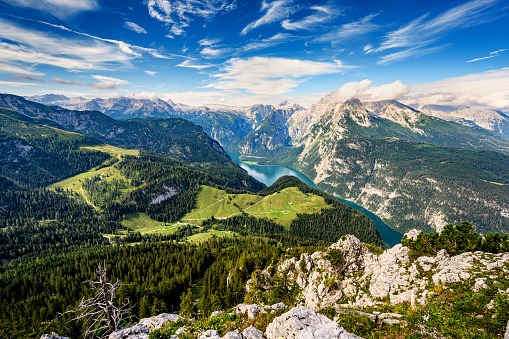Panoramic view of a valley among the mountain peaks of the winter Alps, near the village of Kössen in Austria