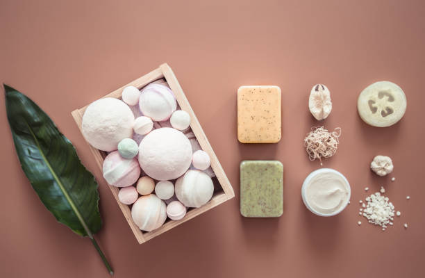 istock Spa composition with body care items on a colored background. 1171741944