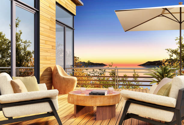 vista del mar al atardecer desde las terrazas de una hermosa casa - apartment architecture contemporary beach fotografías e imágenes de stock