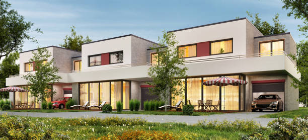 istock Modern townhouse with garages and terraces 1171744352