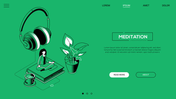 medytacja - styl projektowania linii izometryczny baner internetowy - lotus position audio stock illustrations