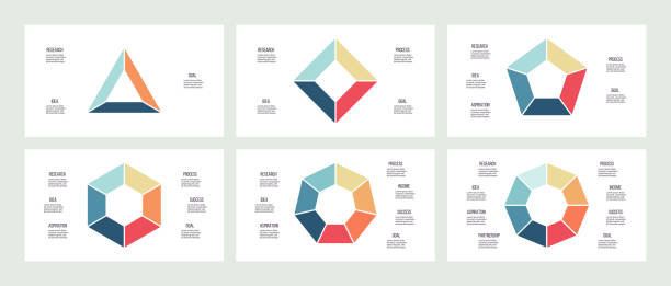 Business infographics. Charts with 3, 4, 5, 6, 7, 8 steps, options, sections. Vector template. Business infographics. Charts with 3, 4, 5, 6, 7, 8 steps, options, sections. Vector template. pentagon stock illustrations