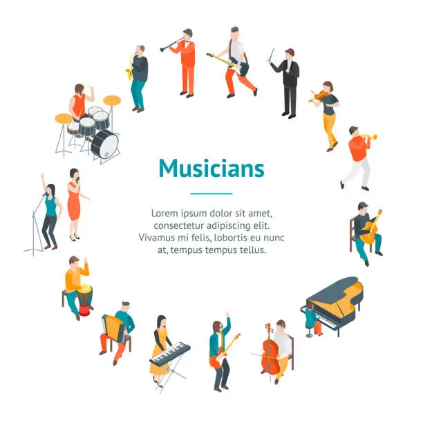 Vector illustration of Characters Different Musicians People Banner Card Circle 3d Isometric View. Vector