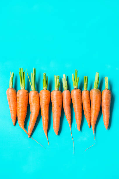 istock several fresh carrots lie in a row on a blue background. 1171749410
