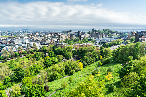 City skyline of Edinburgh from a hill in Scotland, UK.