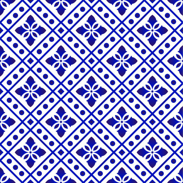 tile pattern blue and white Beautiful batik patterns Malaysia and India style, porcelain indigo seamless modern background, blue and white wallpaper ceramic decor, tile pattern, vector illustration malaysian batik stock illustrations