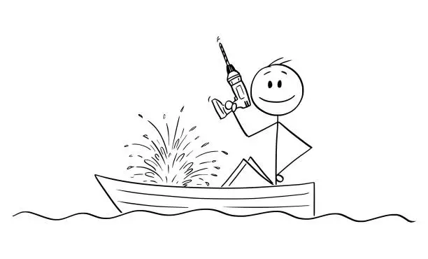 Vector illustration of Vector Cartoon Illustration of Happy Man or Businessman Sitting in Rowing Boat with Electric Drill in Hand and Watching the Boat Sinking.