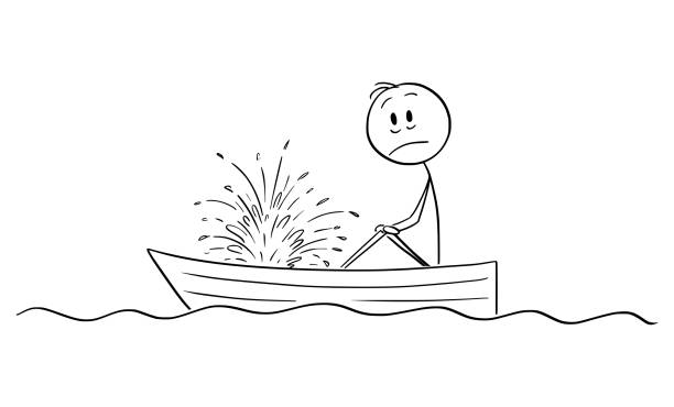 Vector Cartoon Illustration of Frustrated Man or Businessman Sitting in Rowing Boat and Watching Water Squirting Inside with Resignation Vector cartoon stick figure drawing conceptual illustration of frustrated man or businessman sitting in rowing boat and watching the water squirting inside with resignation. Boat is sinking. sinking ship images stock illustrations