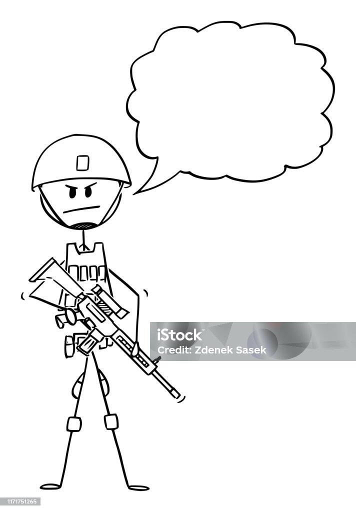 Cartoon stick man drawing conceptual illustration of soldier