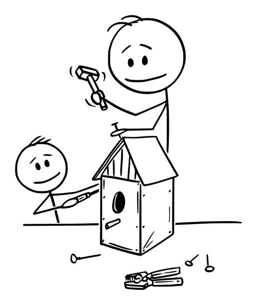 illustrazioni stock, clip art, cartoni animati e icone di tendenza di illustrazione vettoriale di uomo e ragazzo o padre e figlio costruzione birdhouse insieme - birdhouse