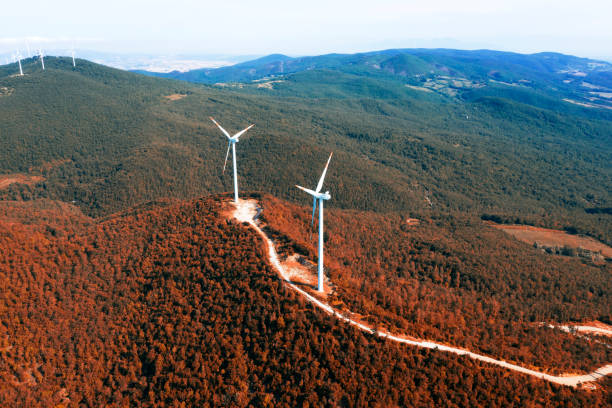 istock Aerial view of wind turbine in fall. 1171751797
