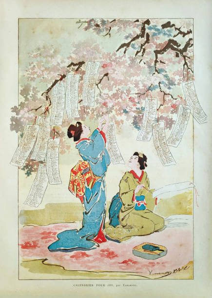 ilustraciones, imágenes clip art, dibujos animados e iconos de stock de ilustración del siglo xix de dos geishas - geisha