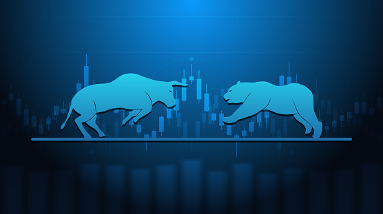 Abstract financial chart with bulls and bear in stock market on blue colour background