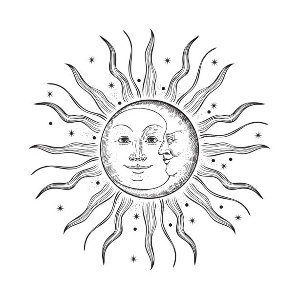 The face of the sun and moon. Retro illustration. The face of the sun and moon. Retro illustration. Engraving, tattoo sketch. Rays and stars. alchemy illustrations stock illustrations