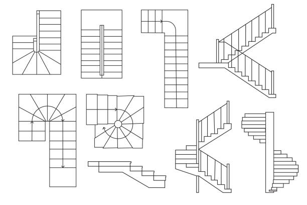 ilustrações, clipart, desenhos animados e ícones de escadas do desenho, stairway. . vista superior e vista secional. conjunto arquitetônico - architect computer icon architecture icon set