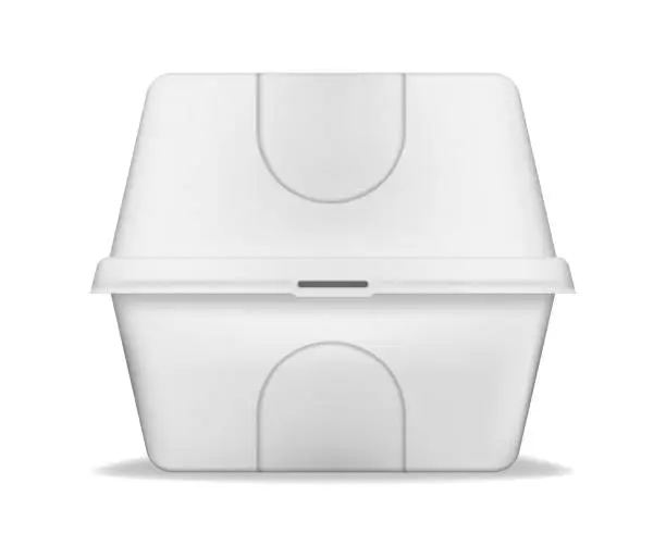 Vector illustration of Takeout food container with clamshell hinged lid, realistic vector mockup. Disposable carry out lunch box, mock-up. White blank natural, plant-based eco package template