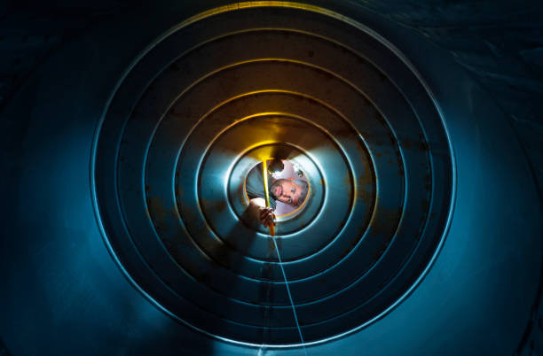 Cellar worker cleaning wine tank with water