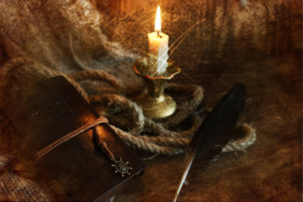 istock retro scratched effect on photo book candle feather and rope 1171764221