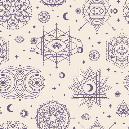 Seamless Pattern with Sacred Geometry Forms - Eye, Moon and Sun. Vector illustration. Geometric Spirograph Lines. Alchemy Symbols, Occult and Mystic Signs on White Background.