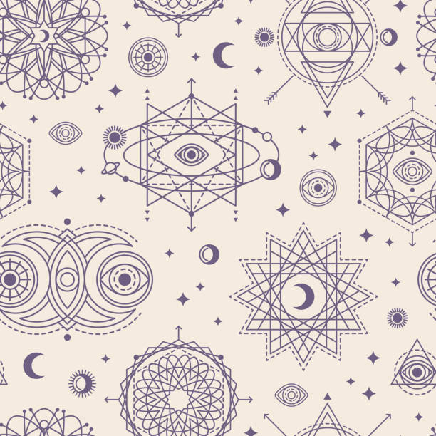 Pattern with Sacred Geometry Forms Seamless Pattern with Sacred Geometry Forms - Eye, Moon and Sun. Vector illustration. Geometric Spirograph Lines. Alchemy Symbols, Occult and Mystic Signs on White Background. moon borders stock illustrations