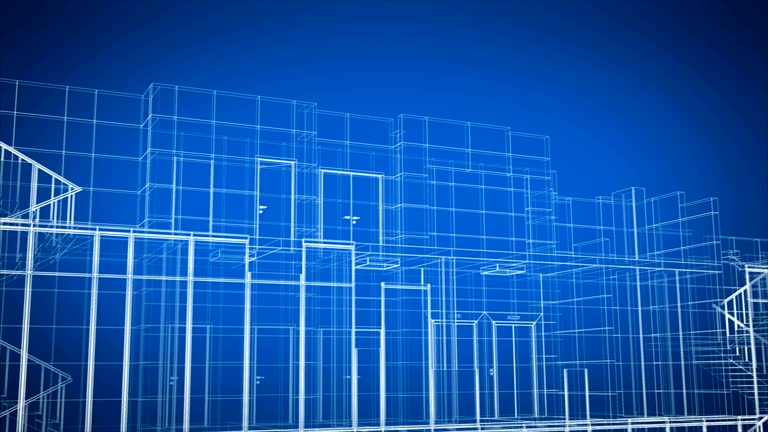 Abstract Beautiful Building Process of Skyscraper Blueprint Grid Seamless. Looped 3d Animation of Growing Construction Progress Modern Building in Lines Structure.