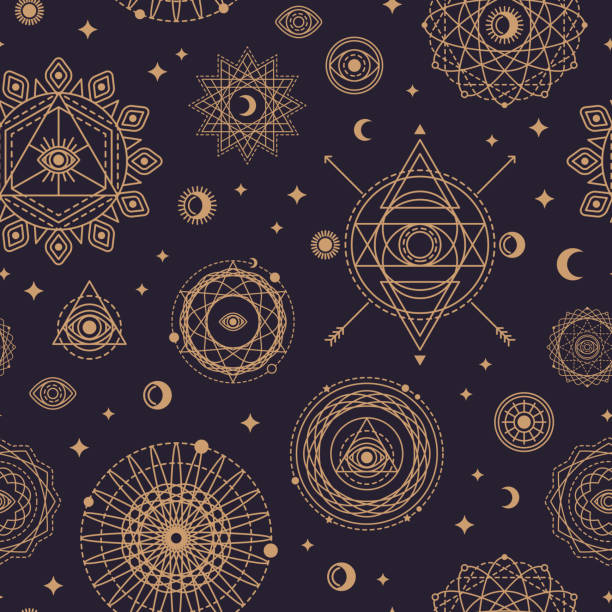 Pattern with Sacred Geometry Forms Seamless Pattern Design with Sacred Geometry Forms - Eye, Moon and Sun. Vector illustration. Geometric Spirograph Lines. Alchemy Symbols, Occult and Mystic Gold Signs on Black Background. magic eye pattern stock illustrations