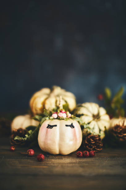 Handmade unicorn pumpkin with miniature real pumpkins