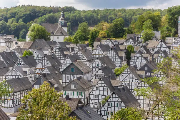 White half timbered houses of the historic town Freudenberg, Germany