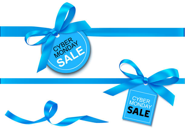 dekoracyjna pozioma niebieska wstążka z kokardą i tagiem sprzedaży do cyber poniedziałkowego projektu sprzedaży odizolowanego na białym tle - blue bow ribbon gift stock illustrations