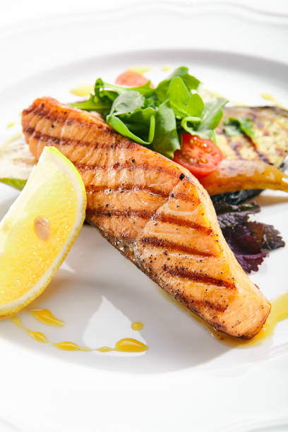 istock Grilled Salmon Steak or Red Fish Fillet Bbq Isolated on White 1171773638