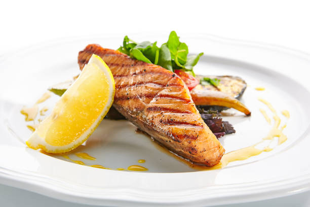 istock Grilled Salmon Steak or Red Fish Fillet Bbq Isolated on White 1171773643