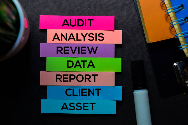istock Audit, Analysis, Review, Data, Report, Client, Asset text on sticky notes isolated on Black desk. Mechanism Strategy Concept 1171775049