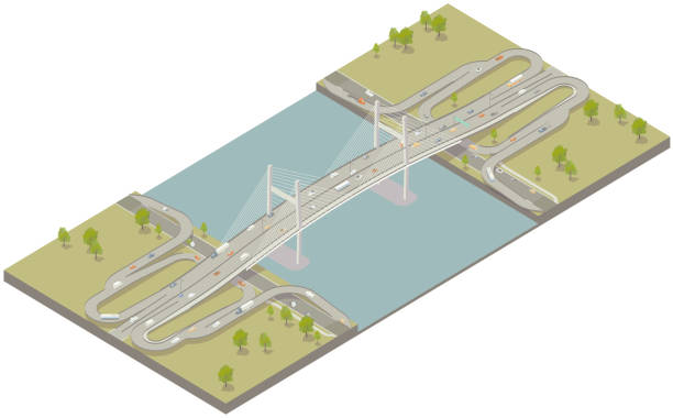 luftisometrische moderne brücke - cable stayed bridge illustrations stock-grafiken, -clipart, -cartoons und -symbole