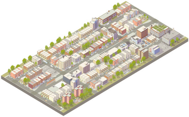 ilustrações, clipart, desenhos animados e ícones de vizinhança urbana isométrica aérea - apartment townhouse house housing development