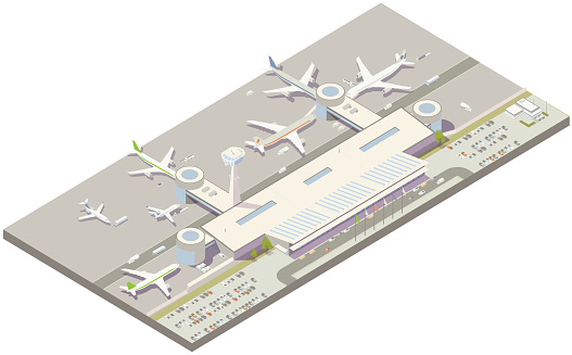 Aerial isometric illustration of a contemporary airport terminal, including various planes, tarmac, terminal building, air traffic control tower, and parking.