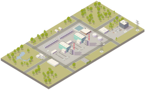 Aerial isometric power plant Aerial isometric illustration of a series of combined-cycle power plants, including storage tanks, electrical pylons, office, maintenance buildings, smokestacks, and surrounding land. gas fired power station stock illustrations