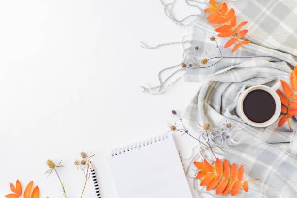istock Flat lay blogger or freelancer workspace with a notebook, scarf and colorful autumn leaves on a white background 1171777201