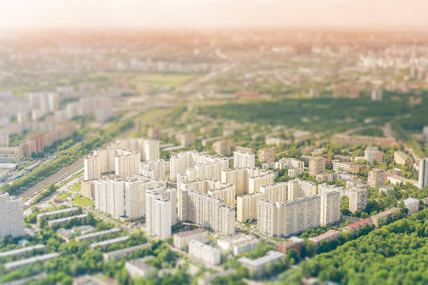 city houses in the metropolis with the effect of miniatures, tilt shift, cityscape, view of the city top