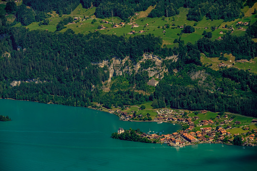 Aerial landscape of Isetwald village on Brienz lake, Switzerland