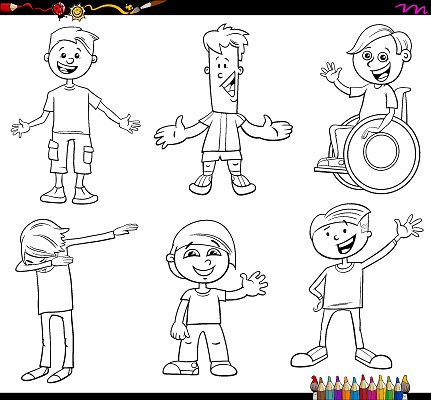  Ilustración de Niños O Personajes Adolescentes Establecen Libro Para Colorear y más Vectores Libres de Derechos de Niño