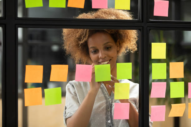 istock Smiling african businesswoman writing ideas on sticky notes in office 1171786294
