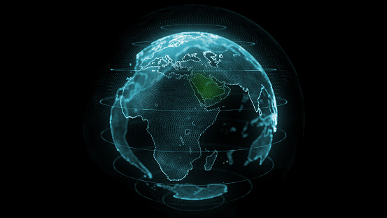 Arabia Saudí Map Hologram Effect, KSA Digital global map, Riyadh zoom out photo