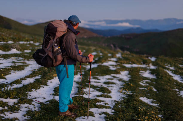 istock Side view man standing on the field with snow remnants with hiking backpack and sticks 1171787449