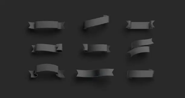 Blank black banderole mockup set, isolated on dark background, 3d rendering. Empty ornament flag mock up, different types. Clear curl ensign display for decor darkness template.