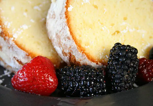 close up of mixed berries and home made pound cake.