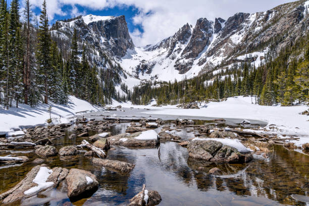 Spring Mountains - A panoramic Spring view of Hallett Peak and Flattop Mountain at still-mostly-frozen Dream Lake, Rocky Mountain National Park, Colorado, USA. stock photo