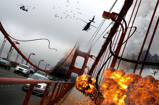 Explosion on the Golden Gate bridge. A science fiction movie scene design.

I took this photo on a trip to San Francisco, USA in June 2010. Scene from SF Downtown to Sausalito. 

My other fantastic istock photo from Golden Gate: 1135183292