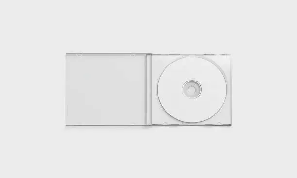 Blank white transparent cd case mockup opened, top view, 3d rendering. Empty writable plastic disk mock up, isolated. Clear blue-ray data format template.