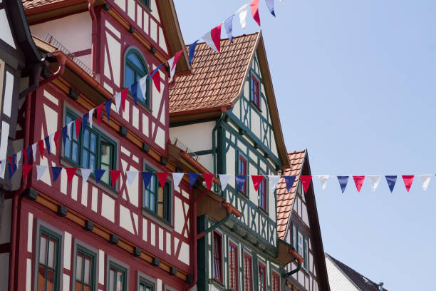 Old historic half timbered houses with festival decoration in Schmalkalden, Thuringia, Germany