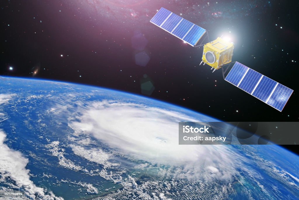 Monitoring hurricane. Satellite above the Earth makes measurements of the weather parameters and movement trajectory. Elements of this image furnished by NASA. Monitoring hurricane. Satellite above the Earth makes measurements of the weather parameters and movement trajectory. Elements of this image furnished by NASA Cyclone Stock Photo